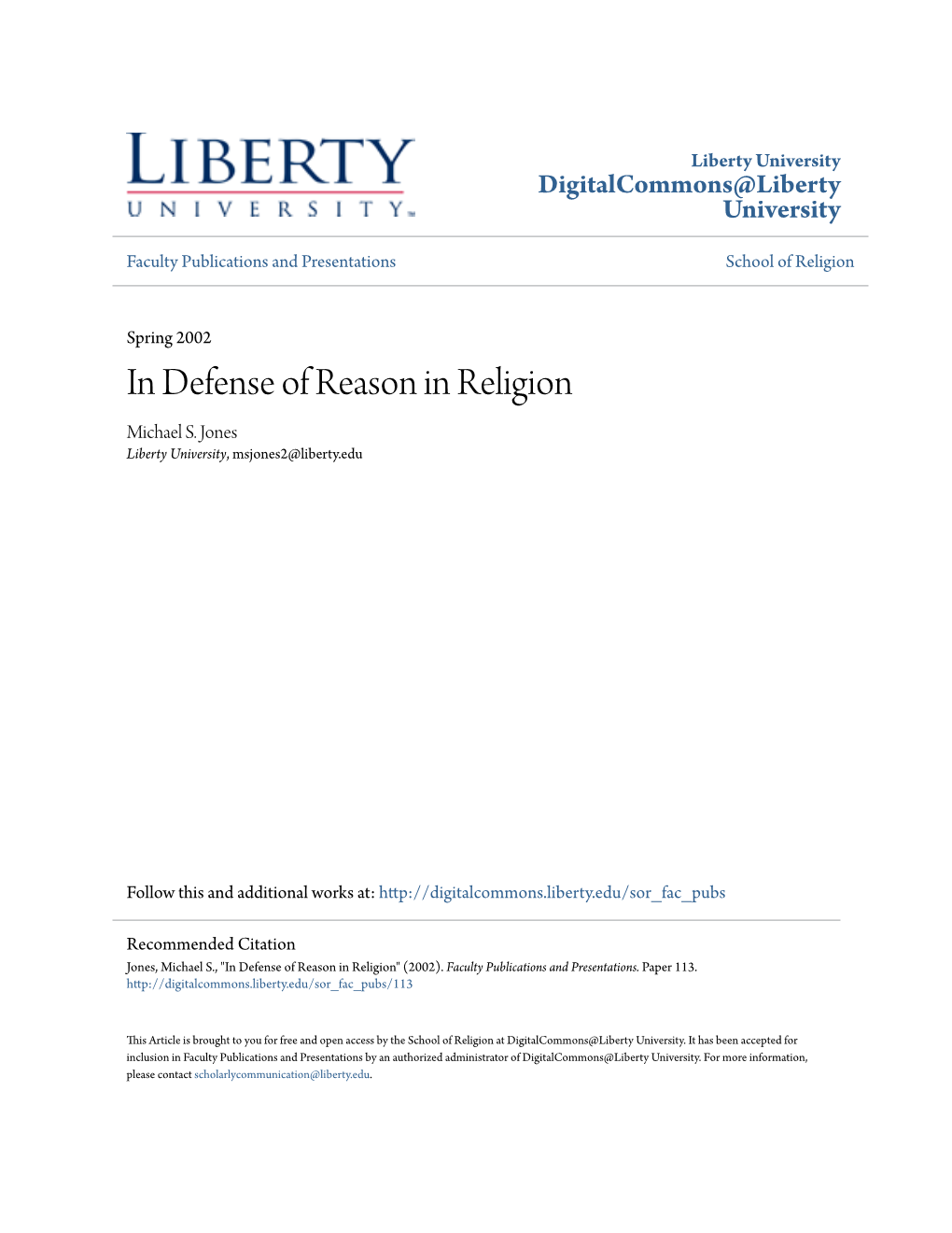 In Defense of Reason in Religion Michael S