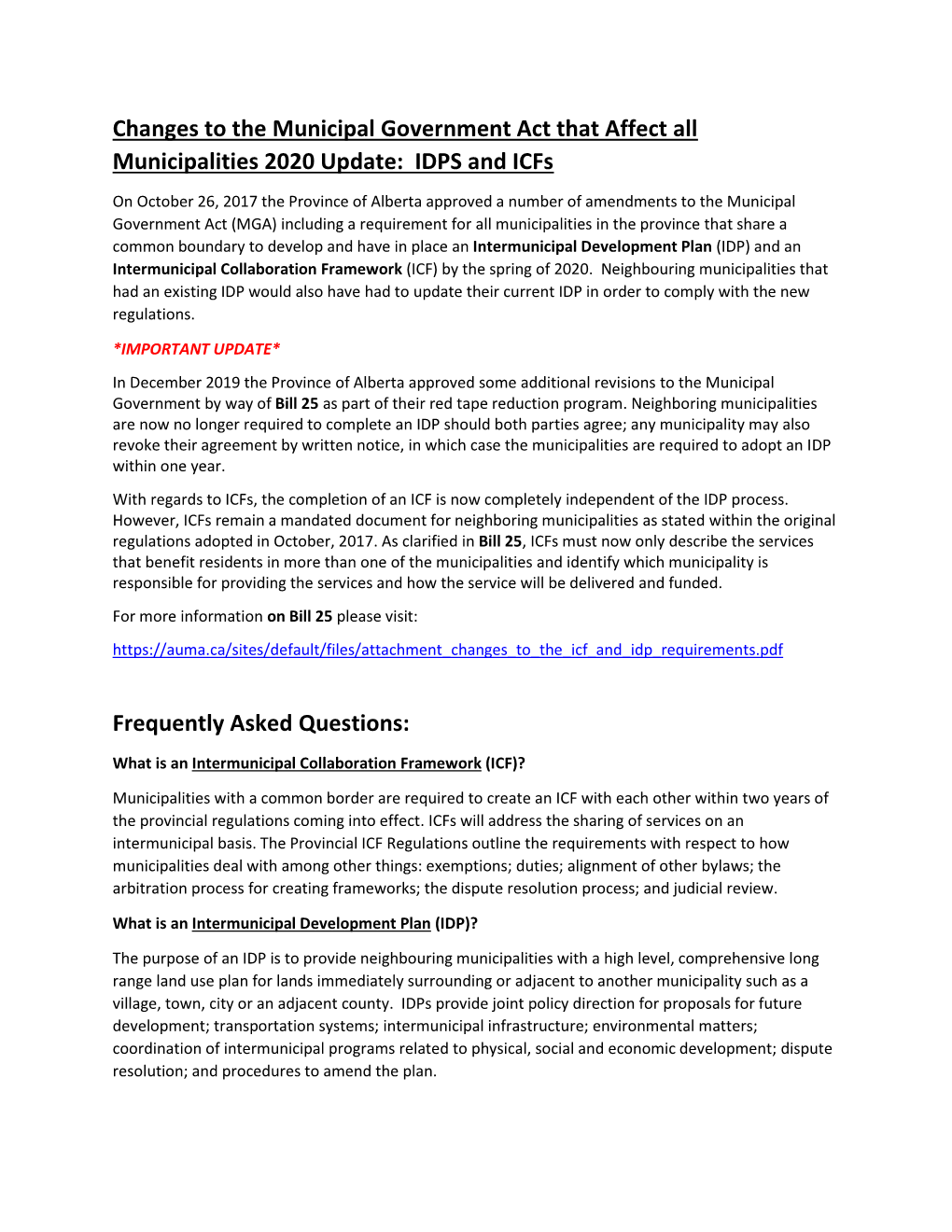 Changes to the Municipal Government Act That Affect All Municipalities 2020 Update: IDPS and Icfs