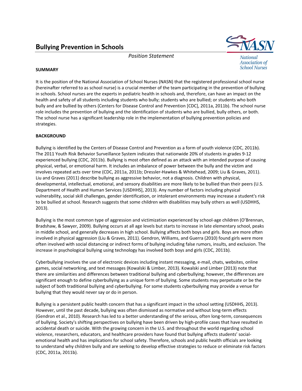 Bullying Prevention in Schools Position Statement