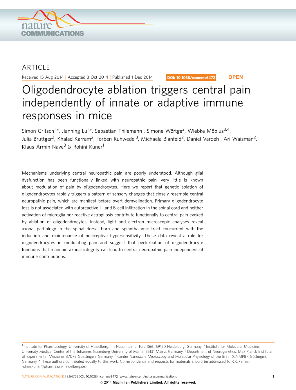 Oligodendrocyte Ablation Triggers Central Pain Independently of Innate Or Adaptive Immune Responses in Mice