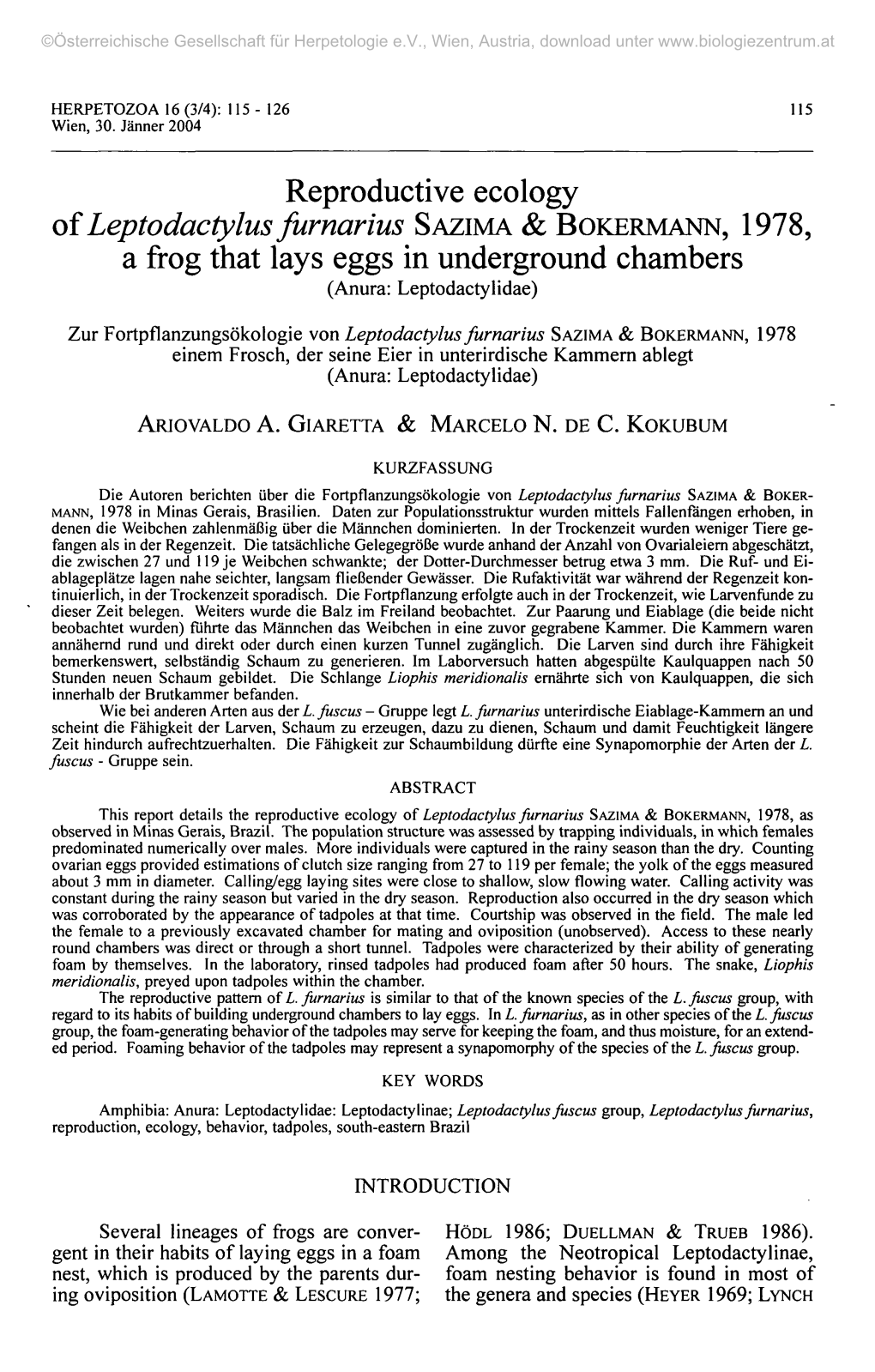 Leptodactylus Furnarius SAZIMA & BOKERMANN, 1978, a Frog That Lays Eggs in Underground Chambers (Anura: Leptodactylidae)