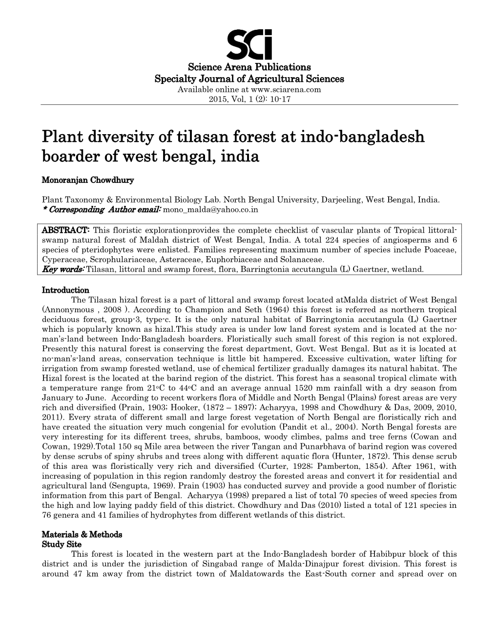 Plant Diversity of Tilasan Forest at Indo-Bangladesh Boarder of West Bengal, India