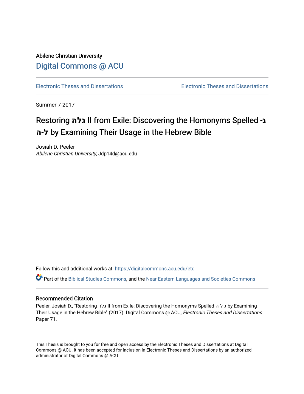 Digital Commons @ ACU הלג II from Exile: Discovering the Homonyms