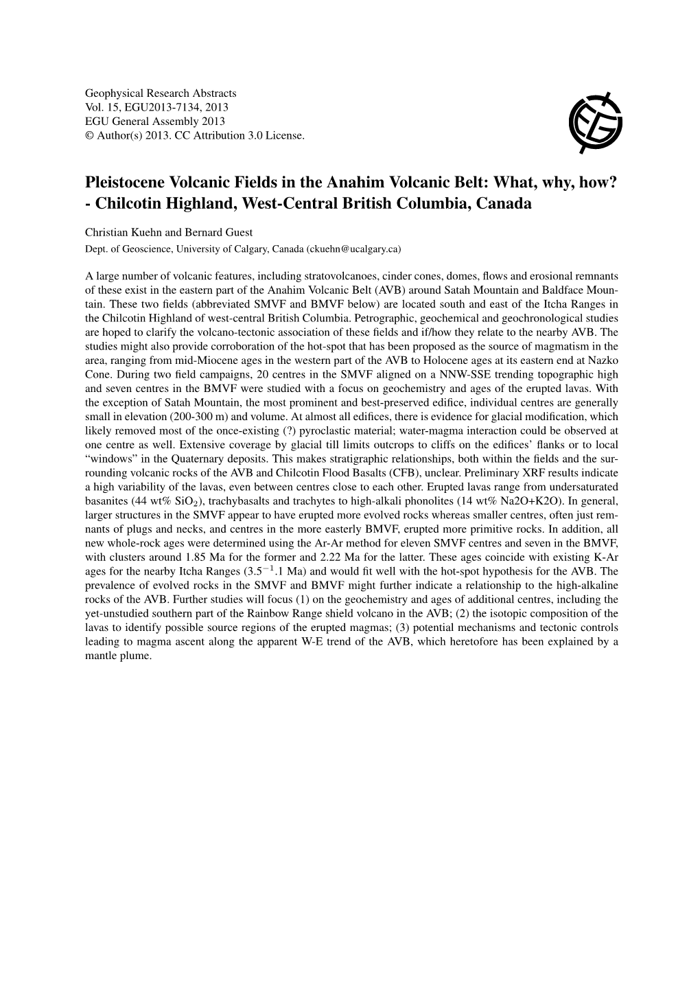 Pleistocene Volcanic Fields in the Anahim Volcanic Belt: What, Why, How? - Chilcotin Highland, West-Central British Columbia, Canada