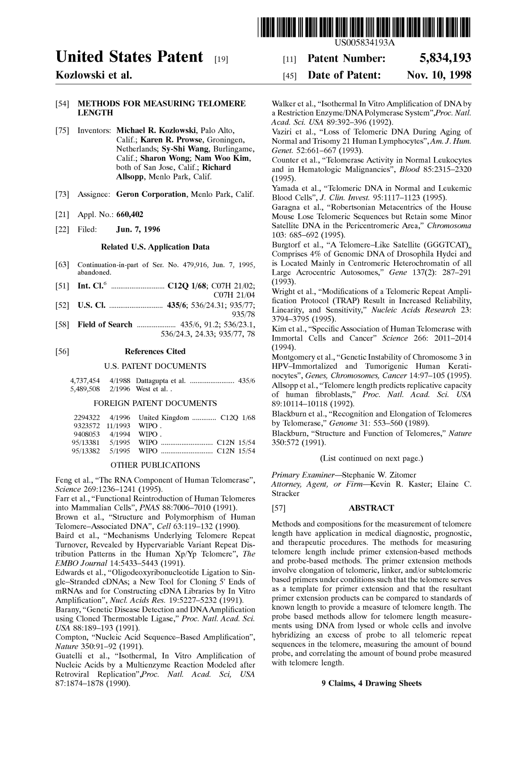 United States Patent (19) 11 Patent Number: 5,834, 193 Kozlowski Et Al
