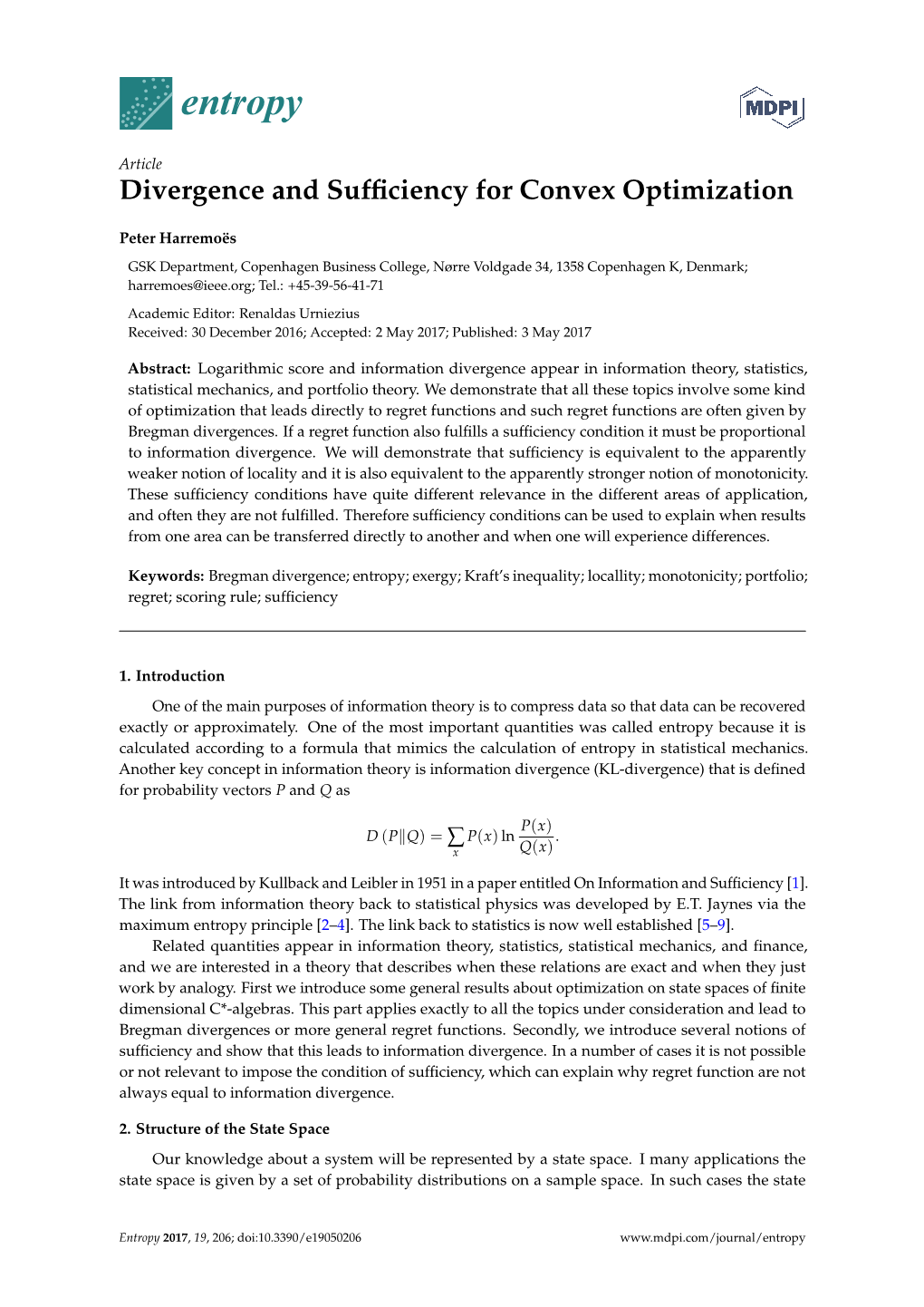 Divergence and Sufficiency for Convex Optimization