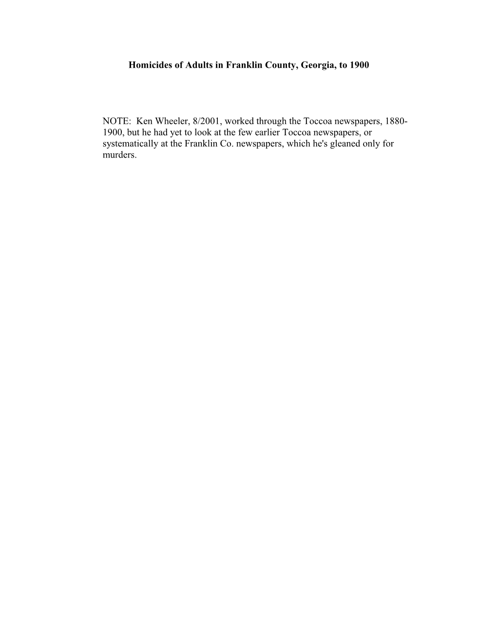 Homicides of Adults in Franklin County, Georgia, to 1900