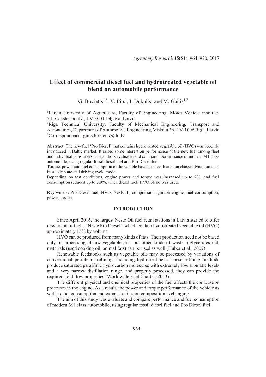 Effect of Commercial Diesel Fuel and Hydrotreated Vegetable Oil Blend on Automobile Performance