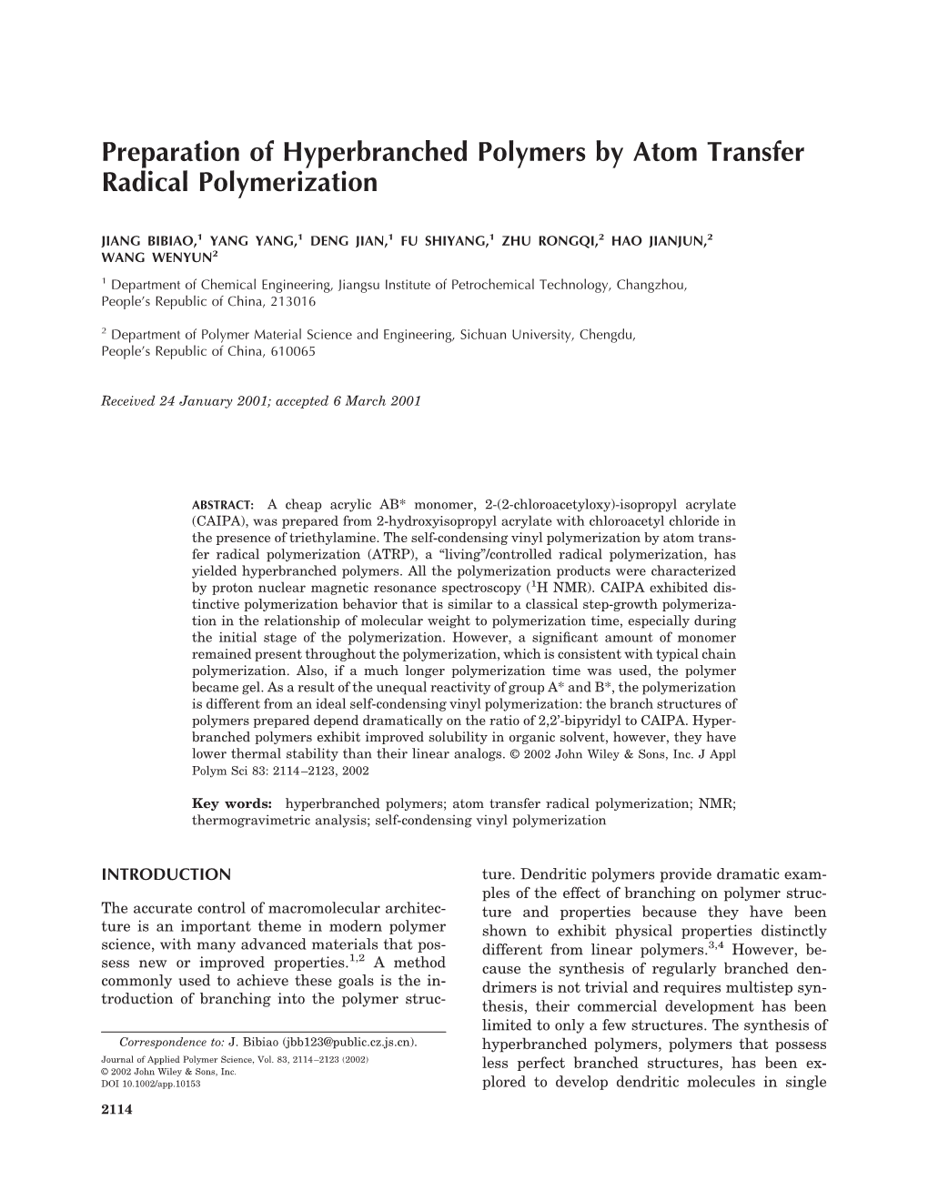 Preparation of Hyperbranched Polymers by Atom Transfer Radical