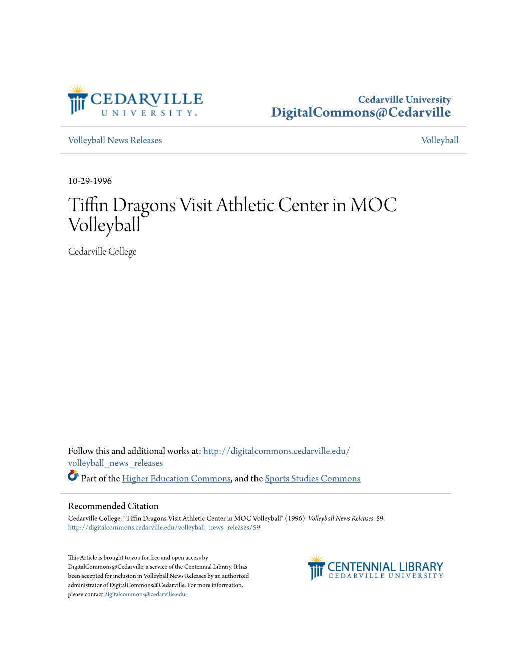 Tiffin Dragons Visit Athletic Center in MOC Volleyball Cedarville College