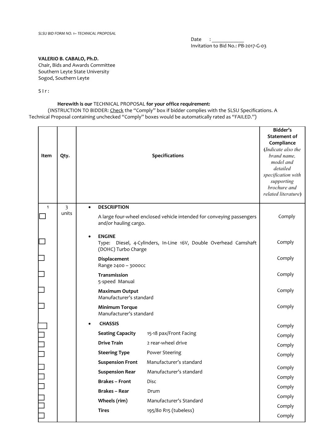 Slsu Bid Form No. 1 Technical Proposal