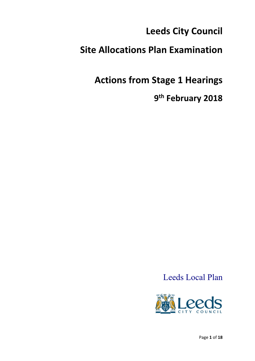 Leeds City Council Site Allocations Plan Examination Actions from Stage 1 Hearings