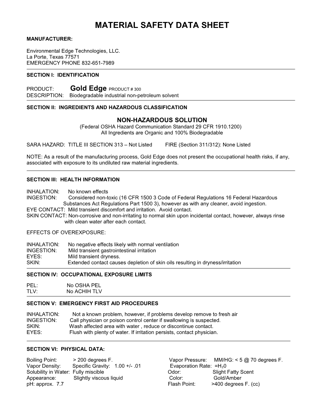 Material Safety Data Sheet s30