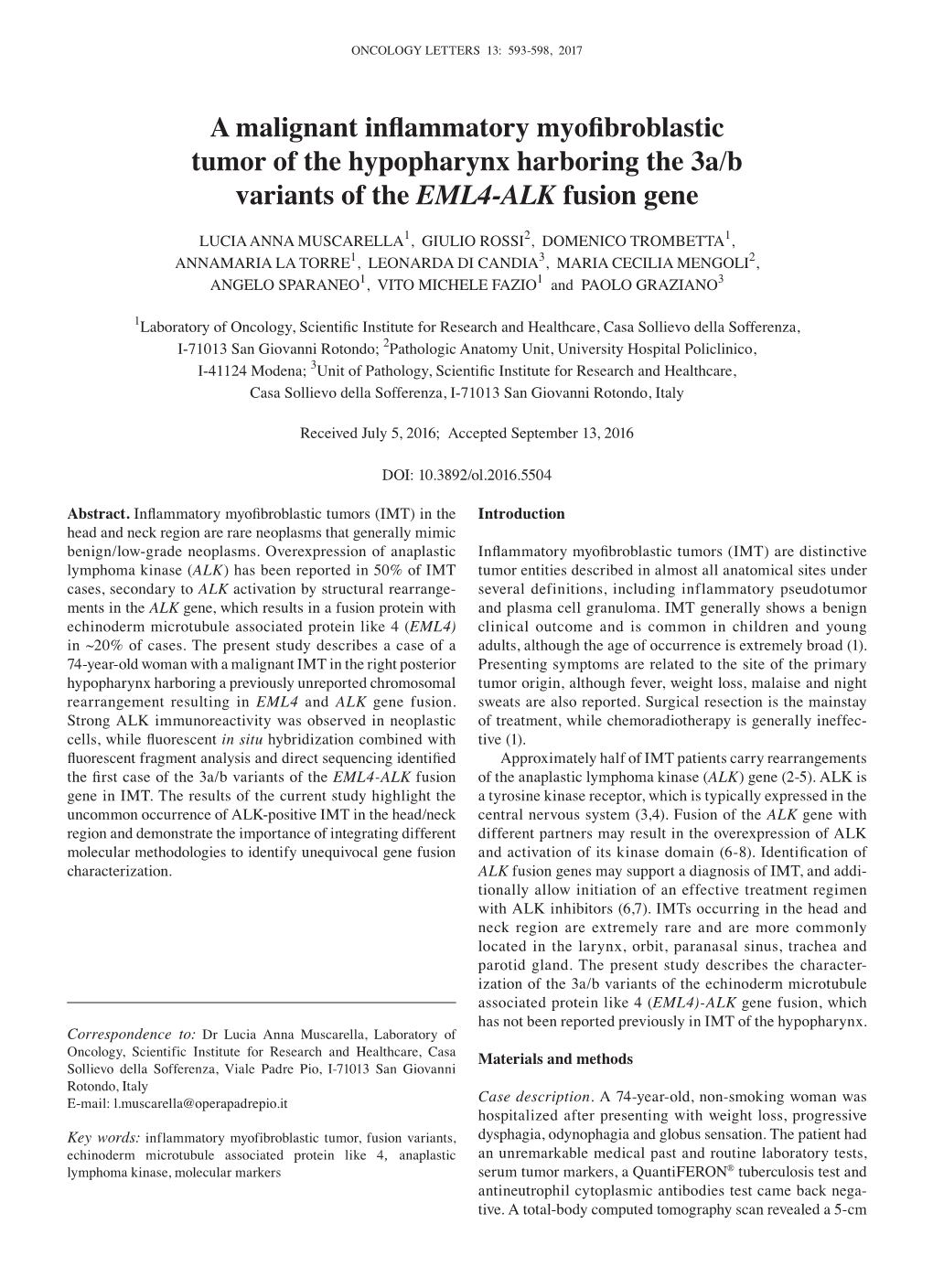 A Malignant Inflammatory Myofibroblastic Tumor of the Hypopharynx Harboring the 3A/B Variants of the EML4‑ALK Fusion Gene