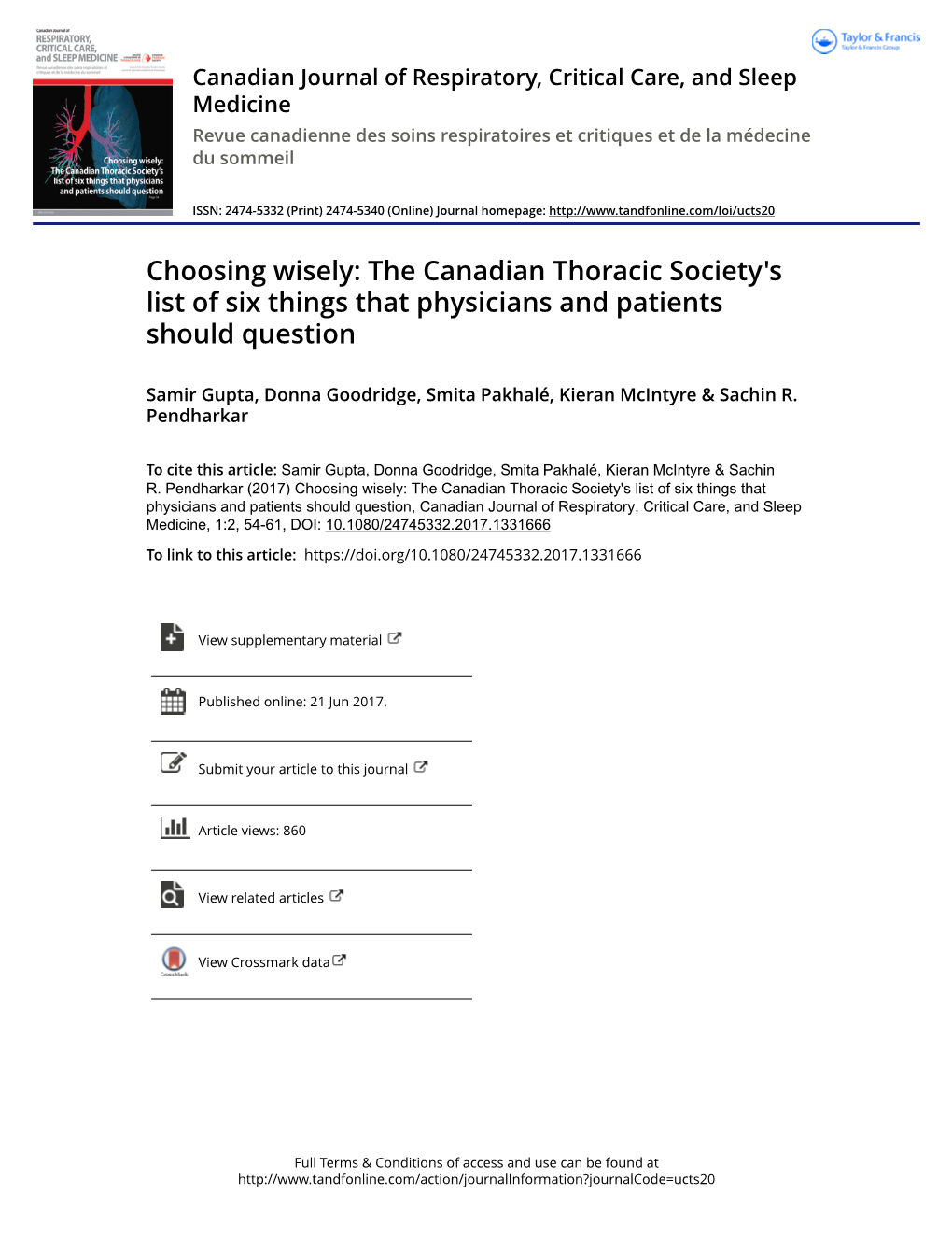 Choosing Wisely: the Canadian Thoracic Society's List of Six Things That Physicians and Patients Should Question