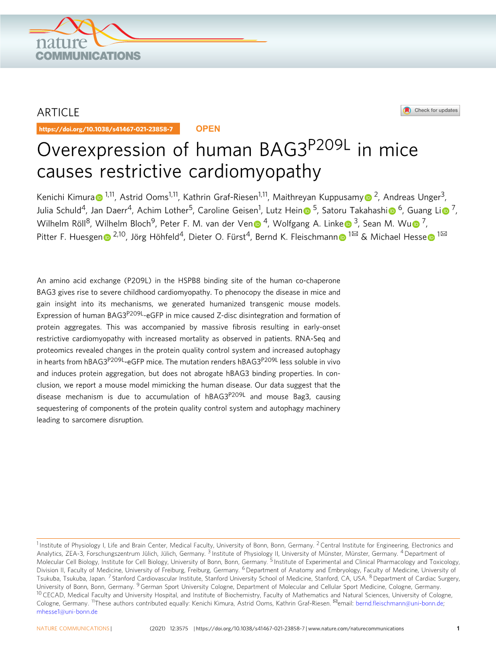 Overexpression of Human BAG3P209L in Mice Causes Restrictive Cardiomyopathy