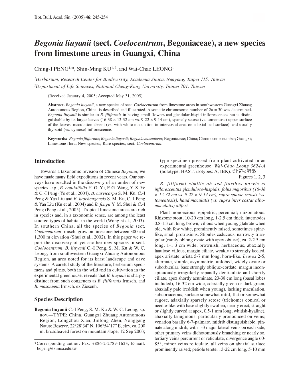 Begonia Liuyanii (Sect. Coelocentrum, Begoniaceae), a New Species from Limestone Areas in Guangxi, China