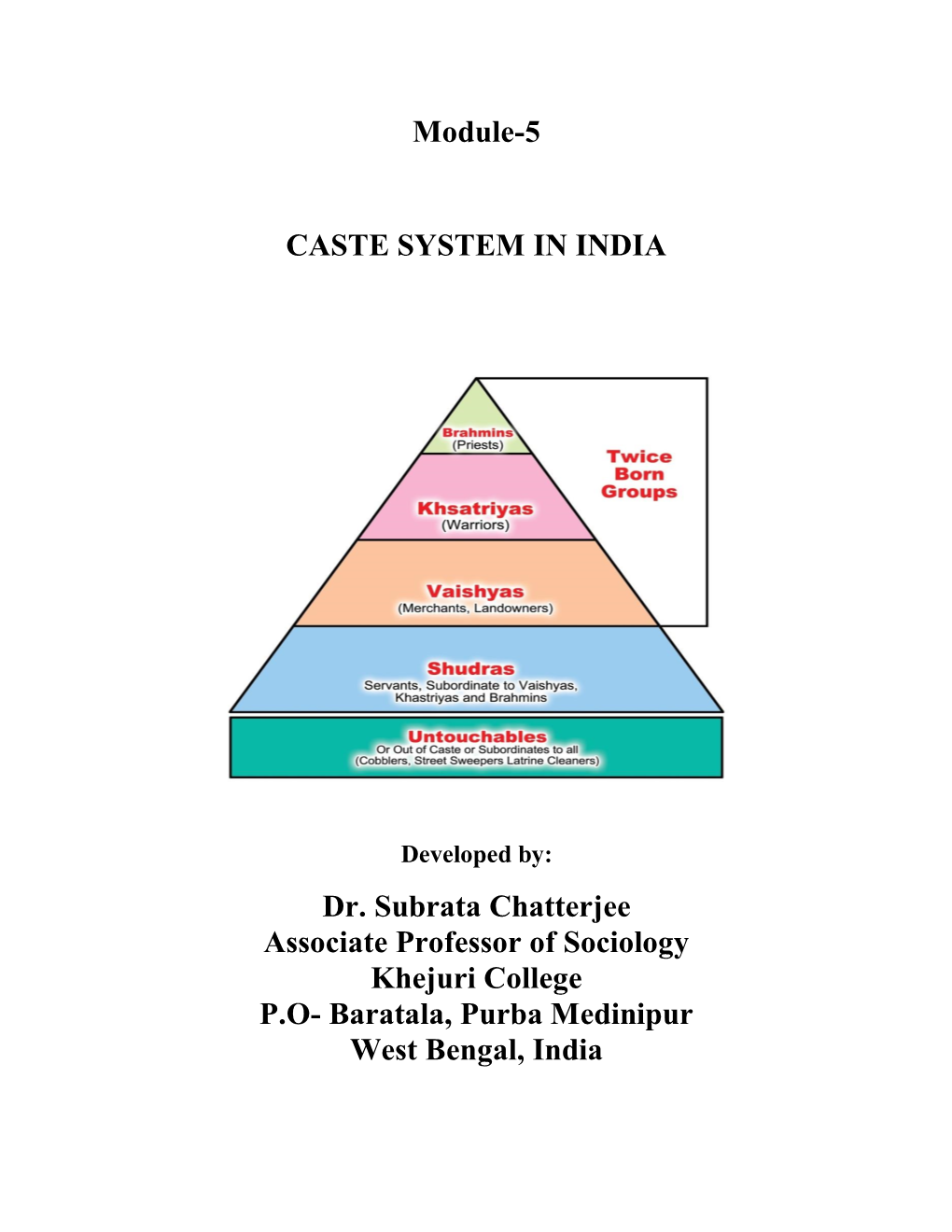 Module-5 CASTE SYSTEM in INDIA Dr. Subrata Chatterjee Associate