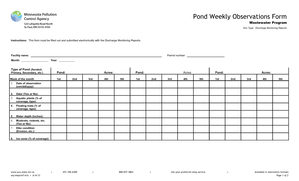Pond Weekly Observations Form