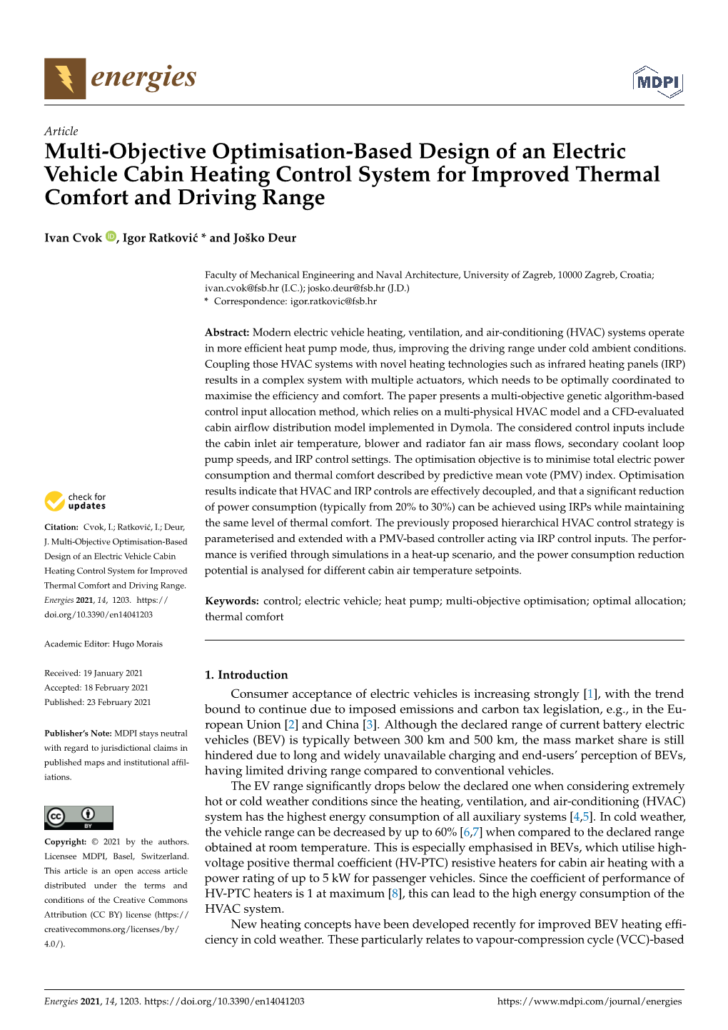 Multi-Objective Optimisation-Based Design of an Electric Vehicle Cabin Heating Control System for Improved Thermal Comfort and Driving Range