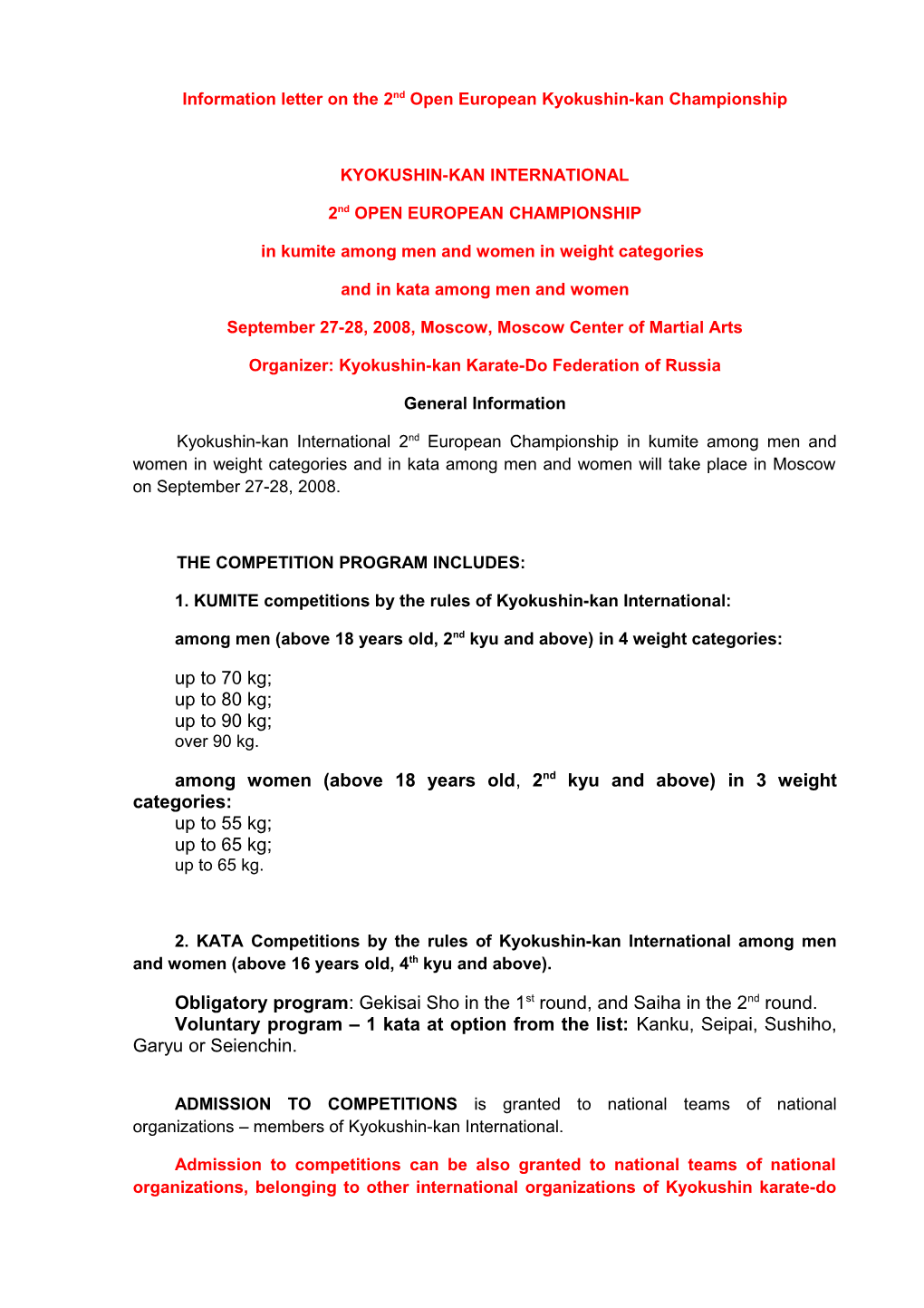 Information Letter on the 2Nd Open European Kyokushin-Kan Championship