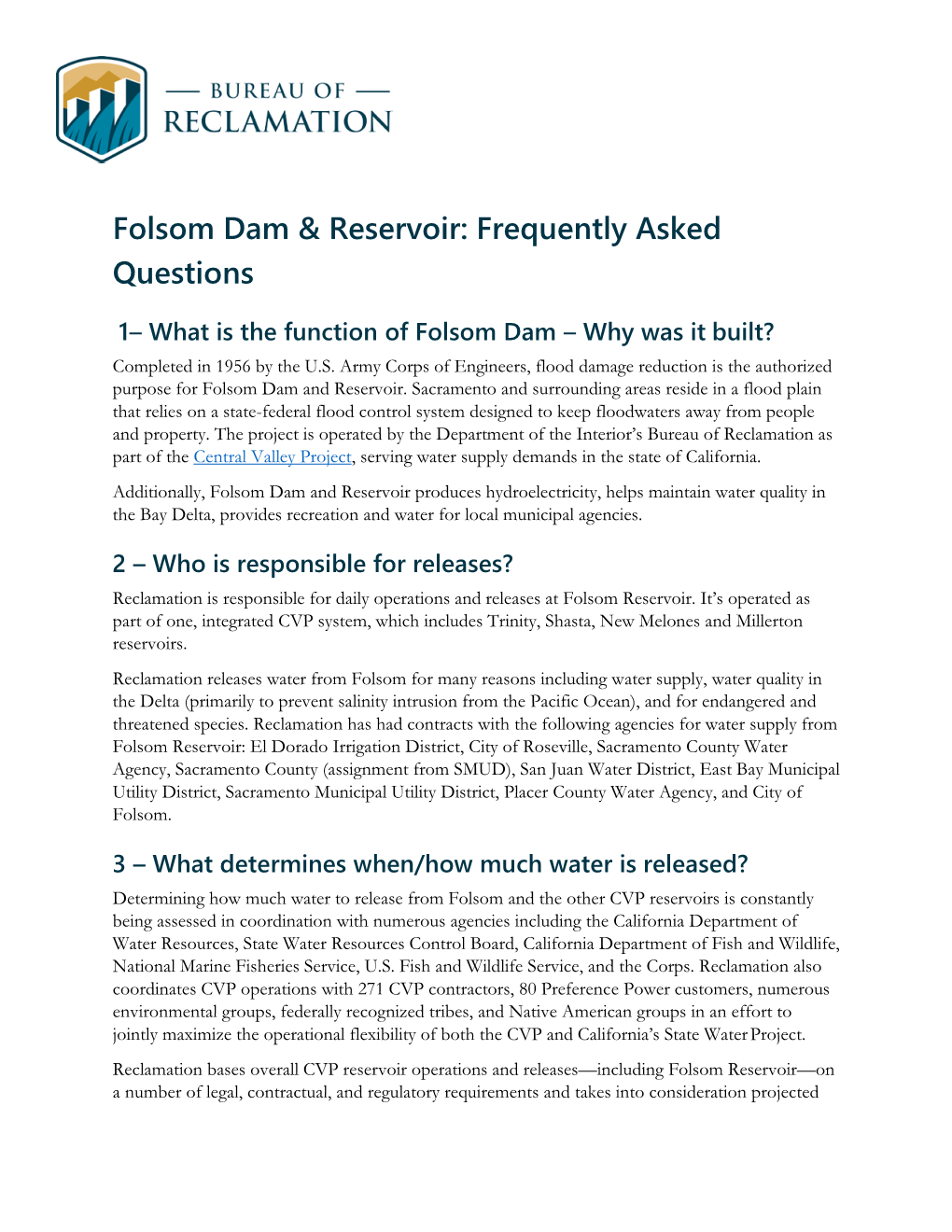 Folsom Dam & Reservoir: Frequently Asked