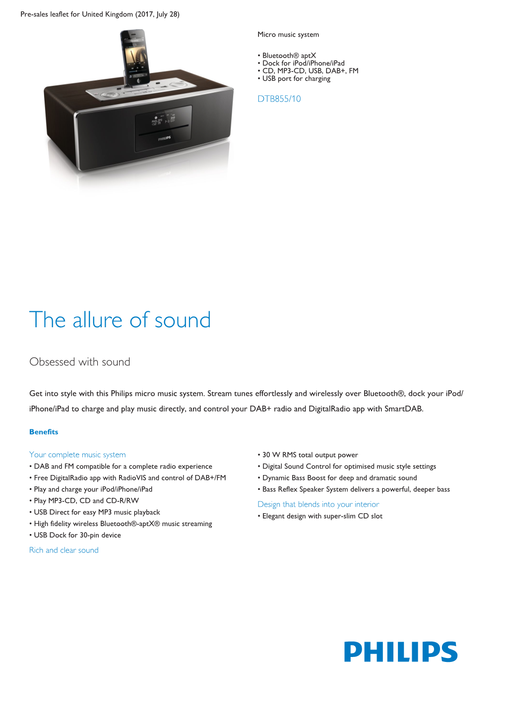 Product Leaflet: Bluetooth® Aptx Micro Music System