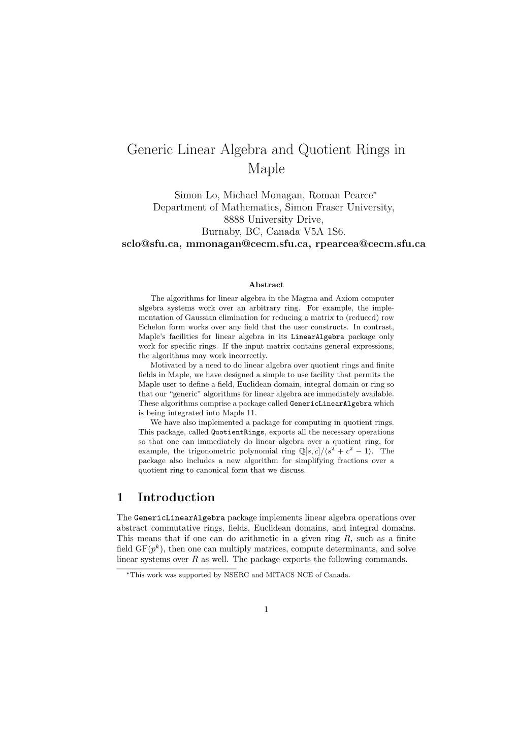 Generic Linear Algebra and Quotient Rings in Maple