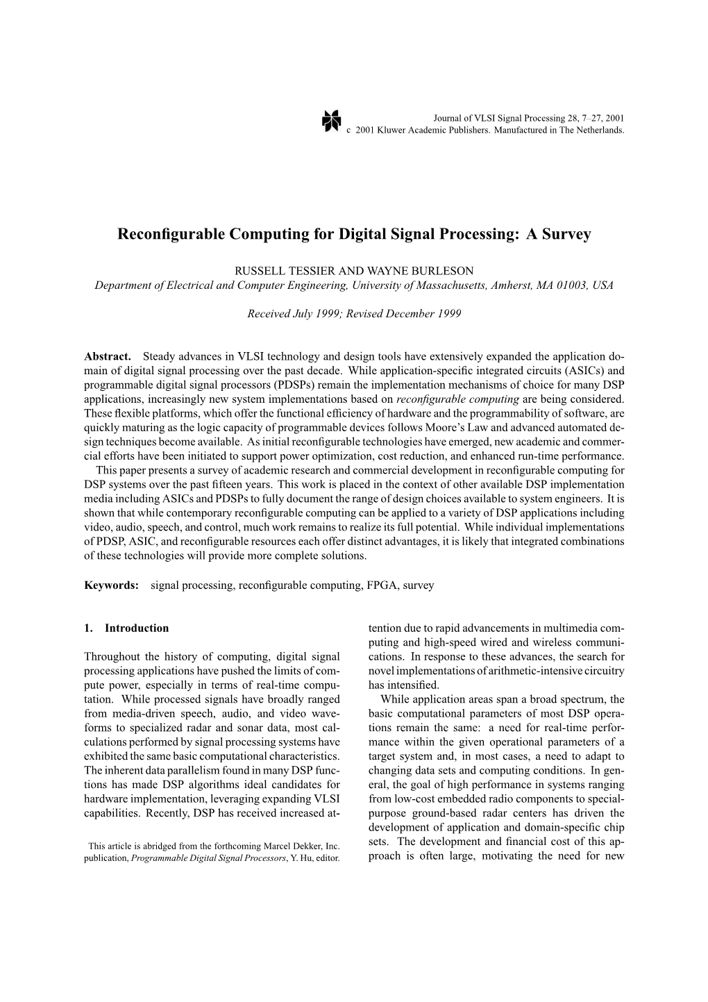 Reconfigurable Computing for Digital Signal Processing