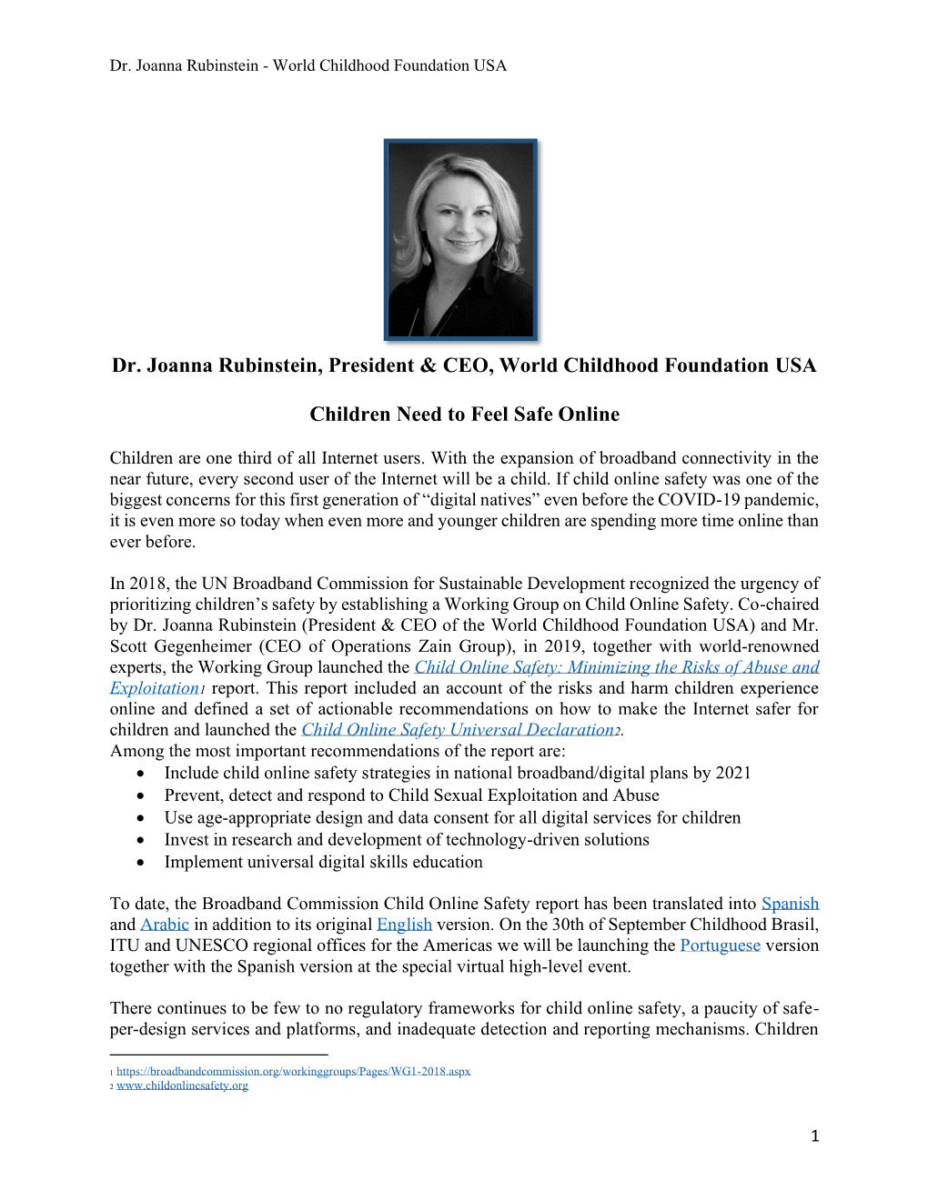 Dr. Joanna Rubinstein, President & CEO, World Childhood Foundation