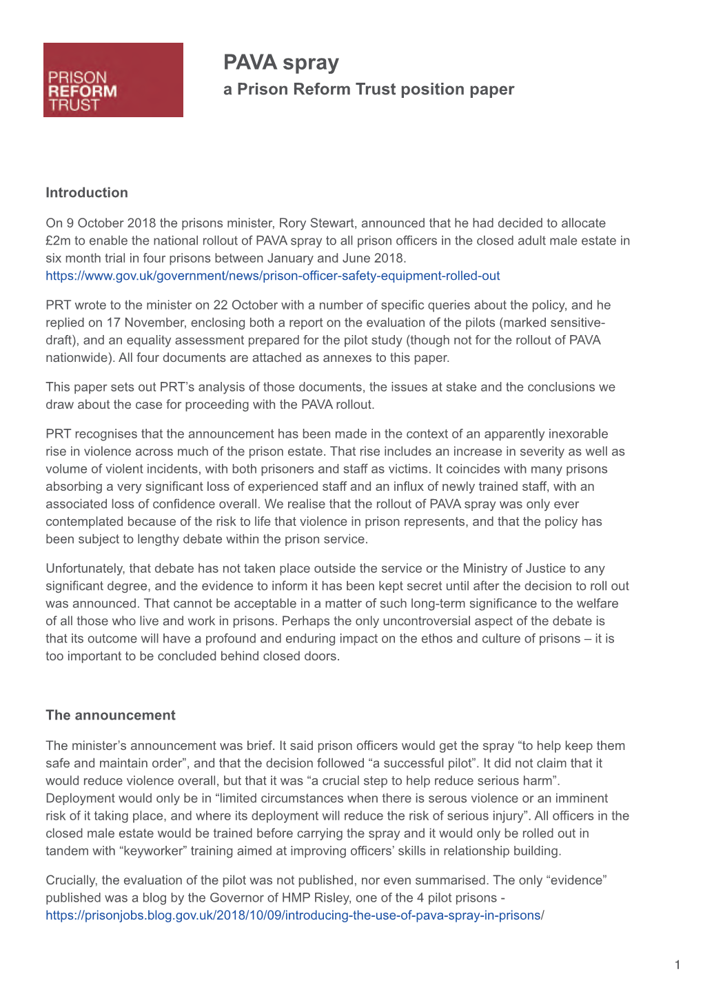 PAVA Spray a Prison Reform Trust Position Paper