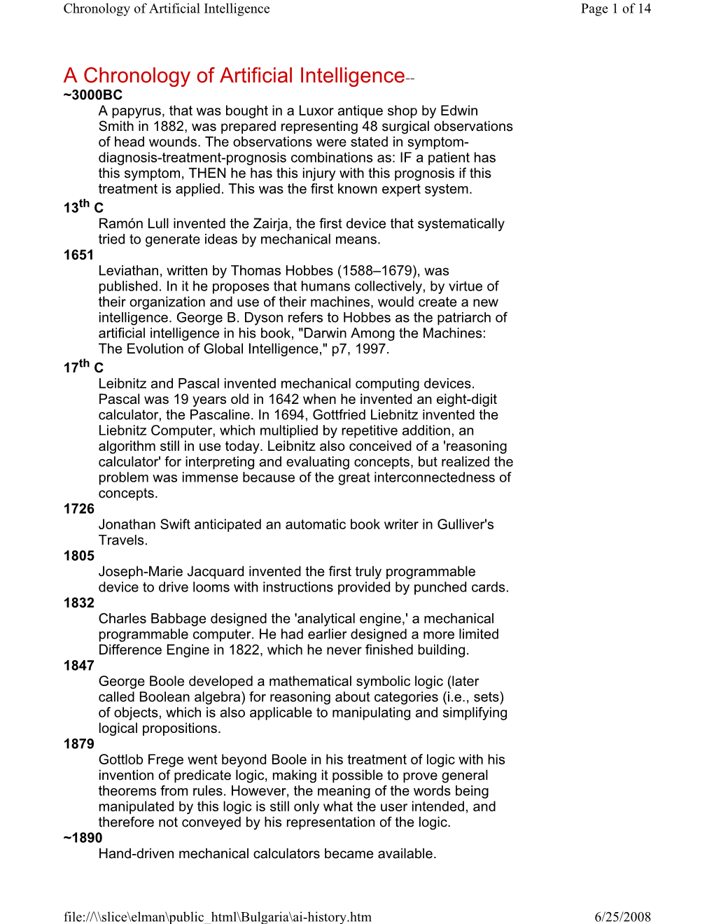 A Chronology of Artificial Intelligence