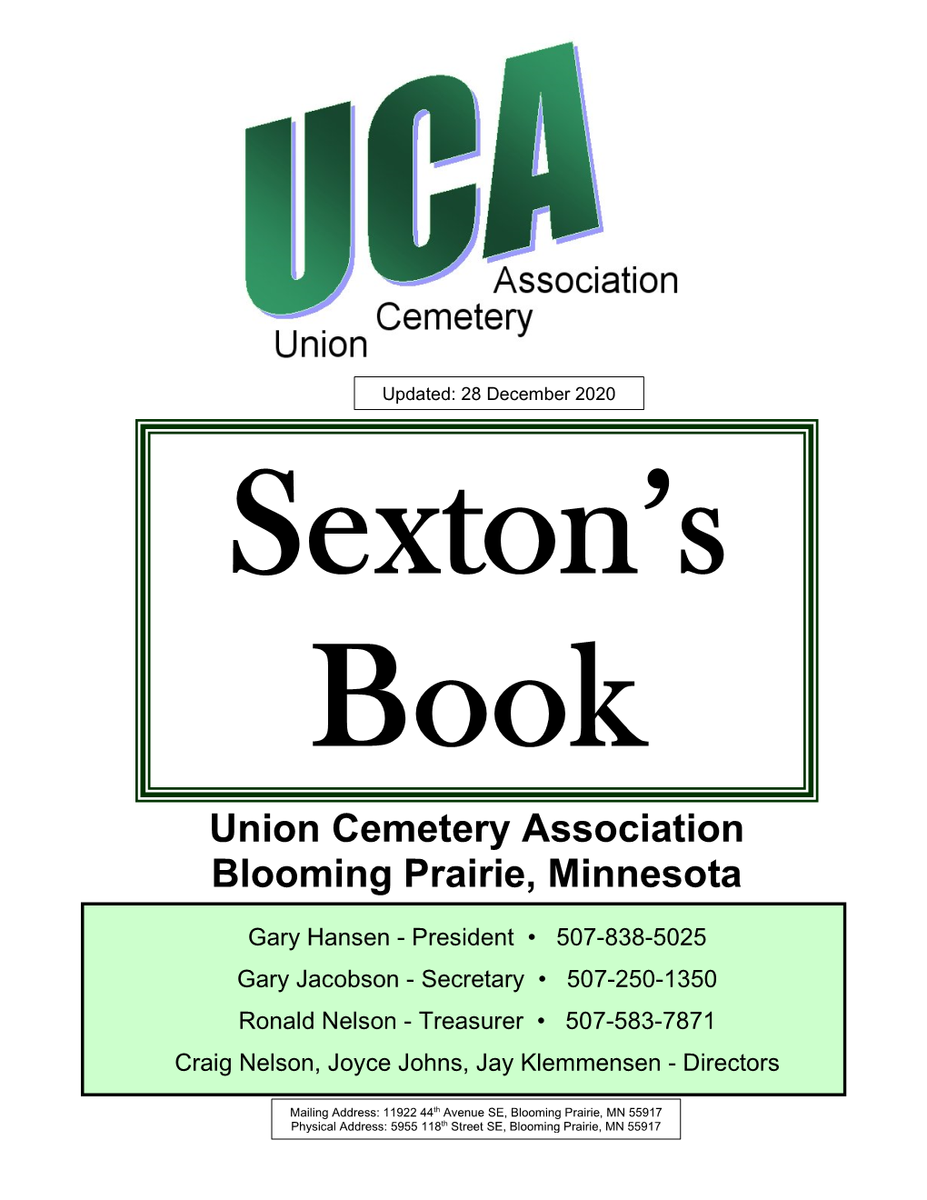 Union Cemetery Sexton's Book