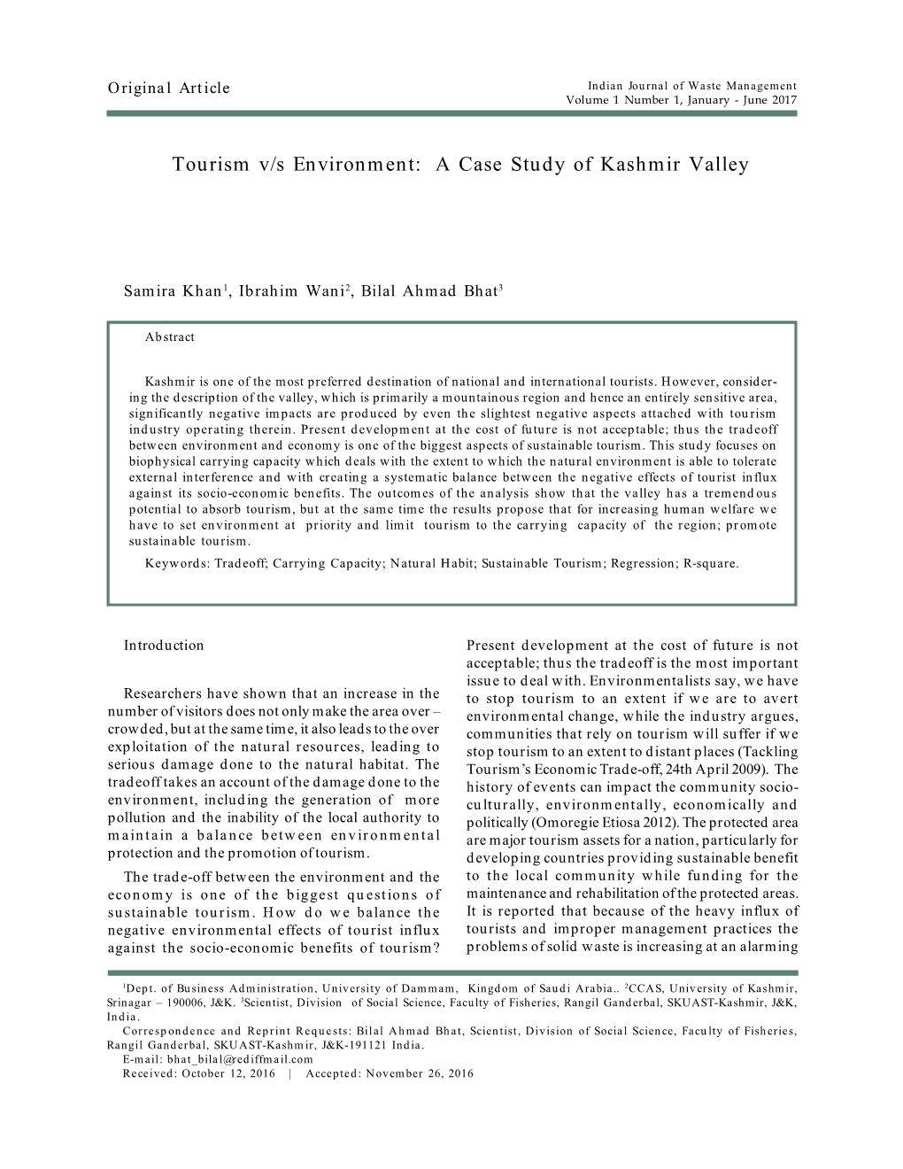 Tourism V/S Environment: a Case Study of Kashmir Valley