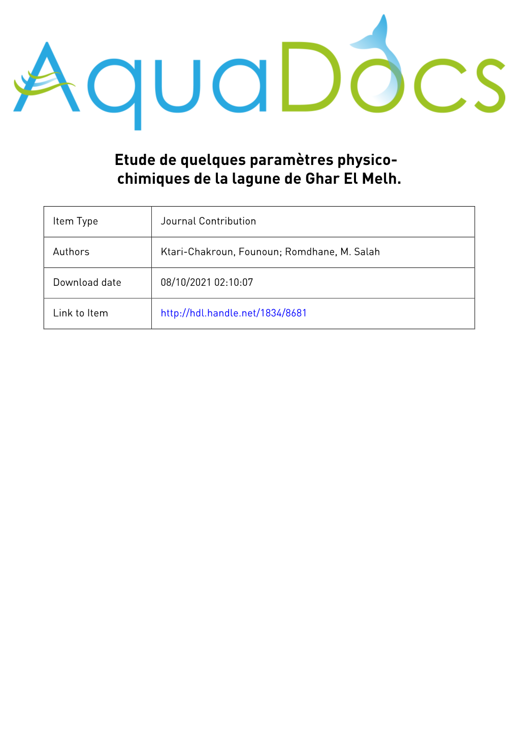 Etude De Quelques Paramètres Physico-Chimiques De Lalagune De Ghar El MQELH