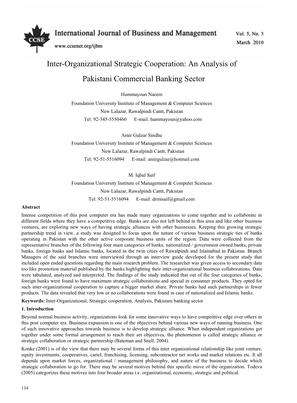 Inter-Organizational Strategic Cooperation: an Analysis of Pakistani Commercial Banking Sector