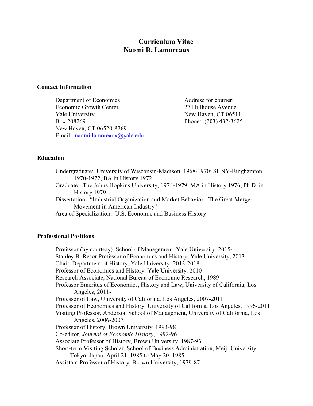 Curriculum Vitae Naomi R. Lamoreaux