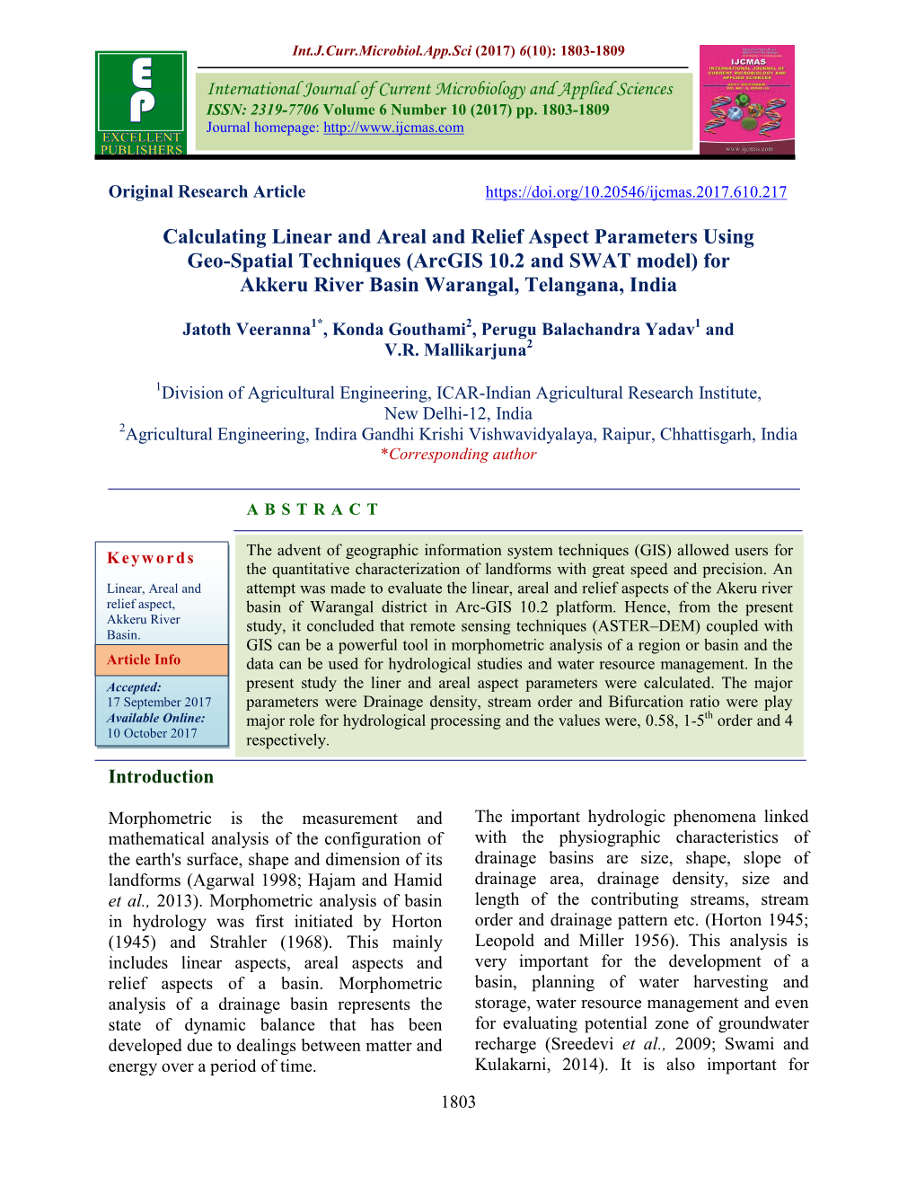 Calculating Linear and Areal and Relief Aspect Parameters Using Geo-Spatial Techniques (Arcgis 10.2 and SWAT Model) for Akkeru River Basin Warangal, Telangana, India