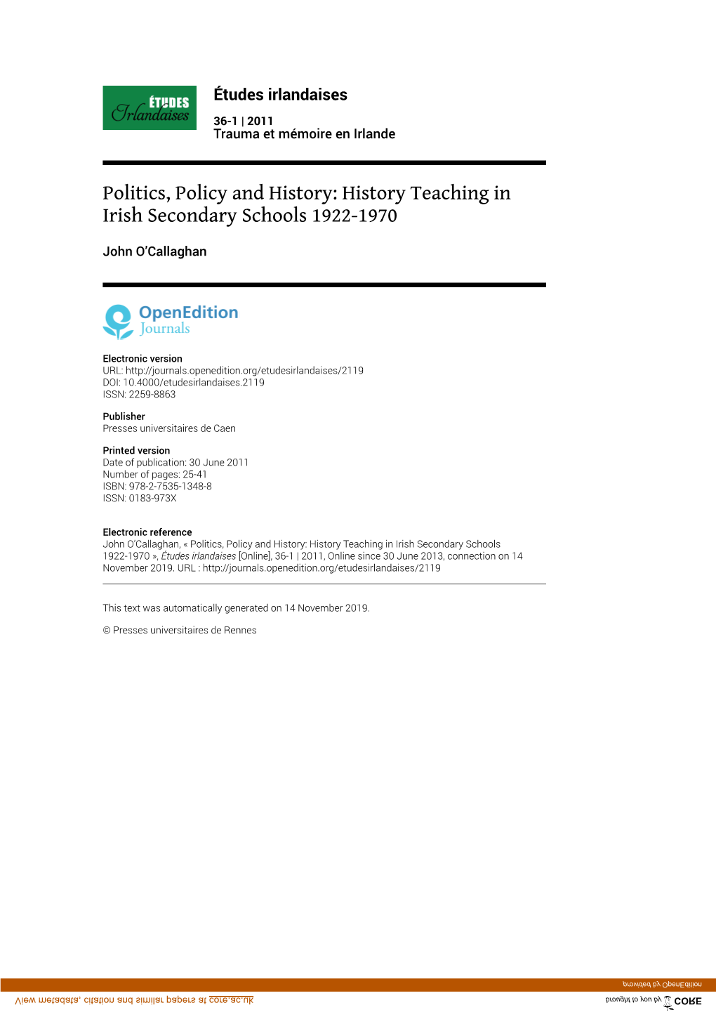 Études Irlandaises, 36-1 | 2011 Politics, Policy and History: History Teaching in Irish Secondary Schools 192