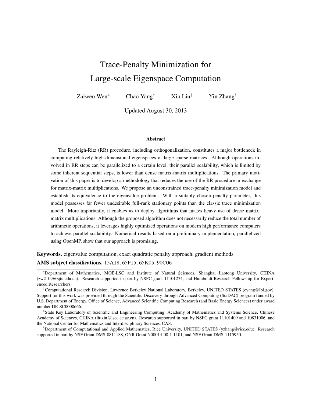 Trace-Penalty Minimization for Large-Scale Eigenspace Computation