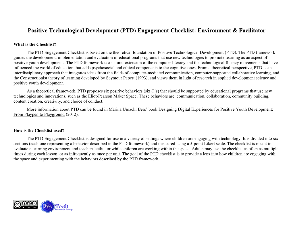 Positive Technological Development (PTD) Engagement Checklist: Environment & Facilitator