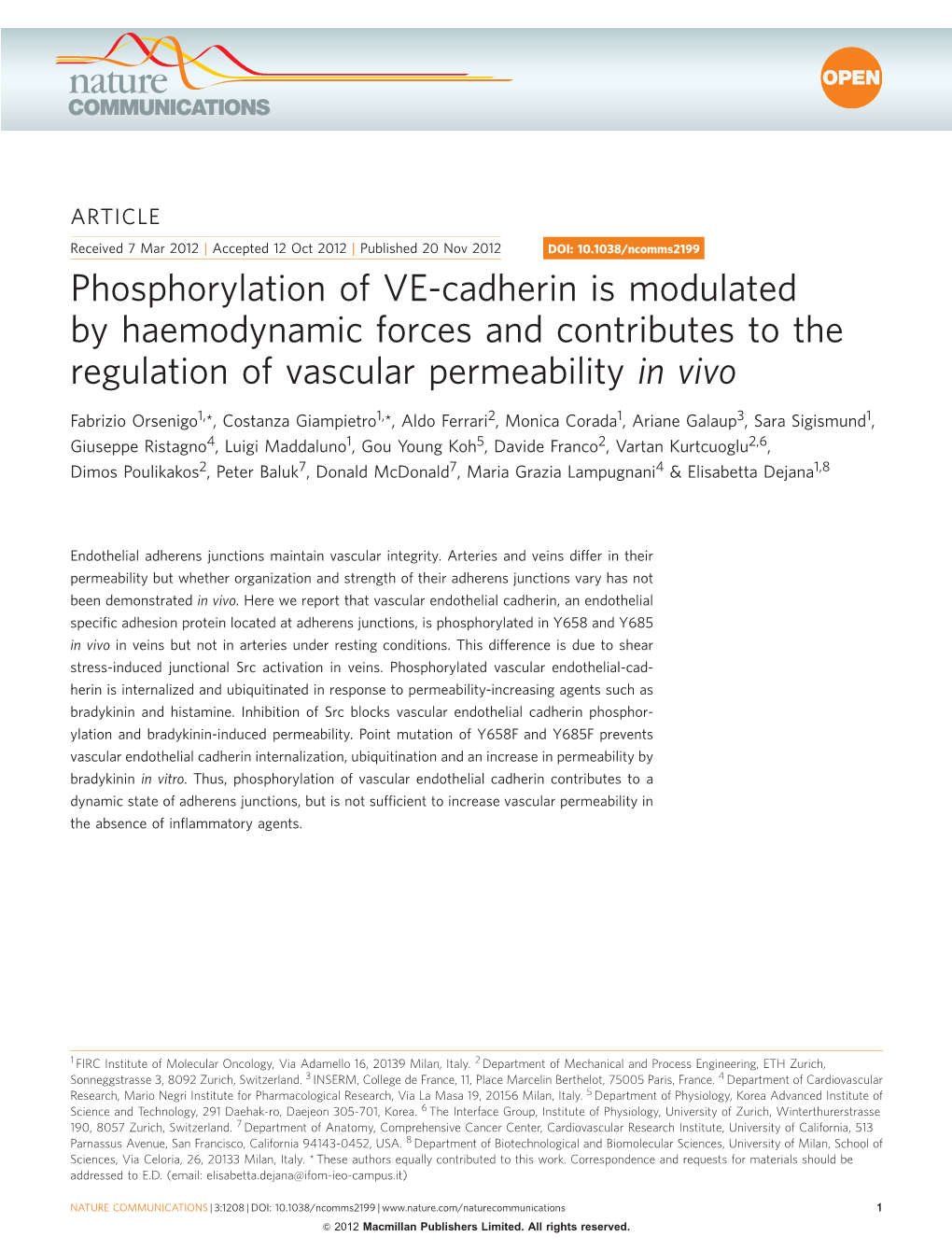 Phosphorylation of VE-Cadherin Is Modulated by Haemodynamic Forces and Contributes to the Regulation of Vascular Permeability in Vivo