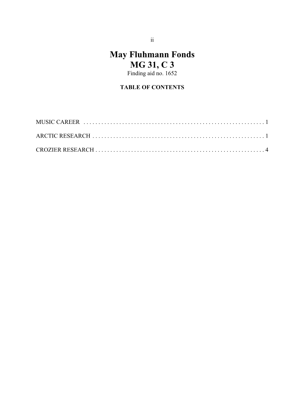 May Fluhmann Fonds MG 31, C 3 Finding Aid No