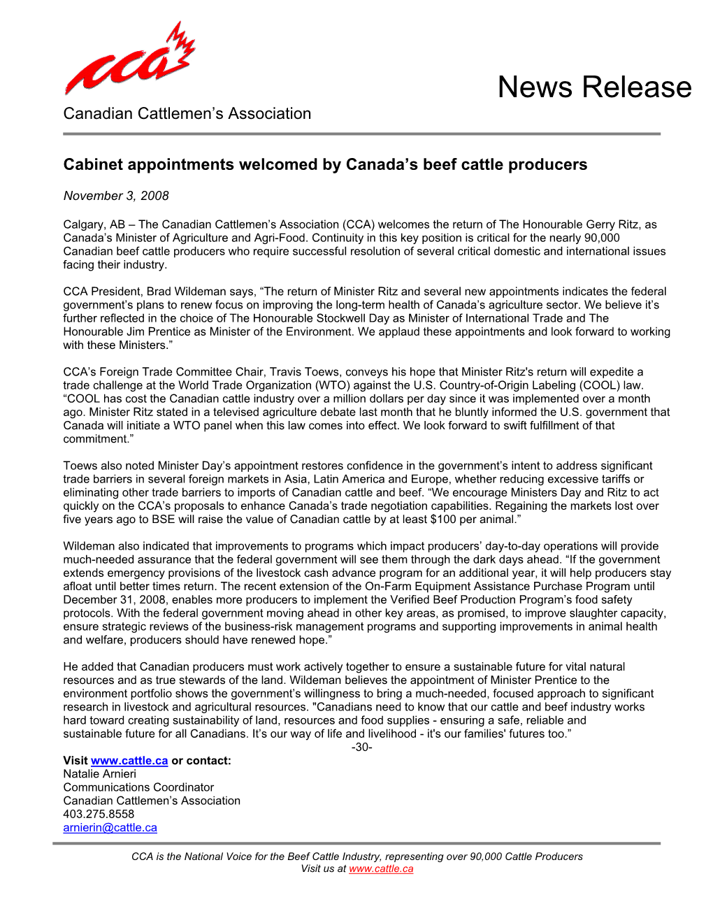 News Release Canadian Cattlemen’S Association