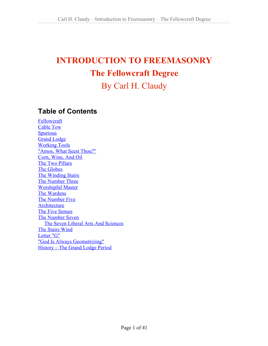 INTRODUCTION to FREEMASONRY the Fellowcraft Degree by Carl H
