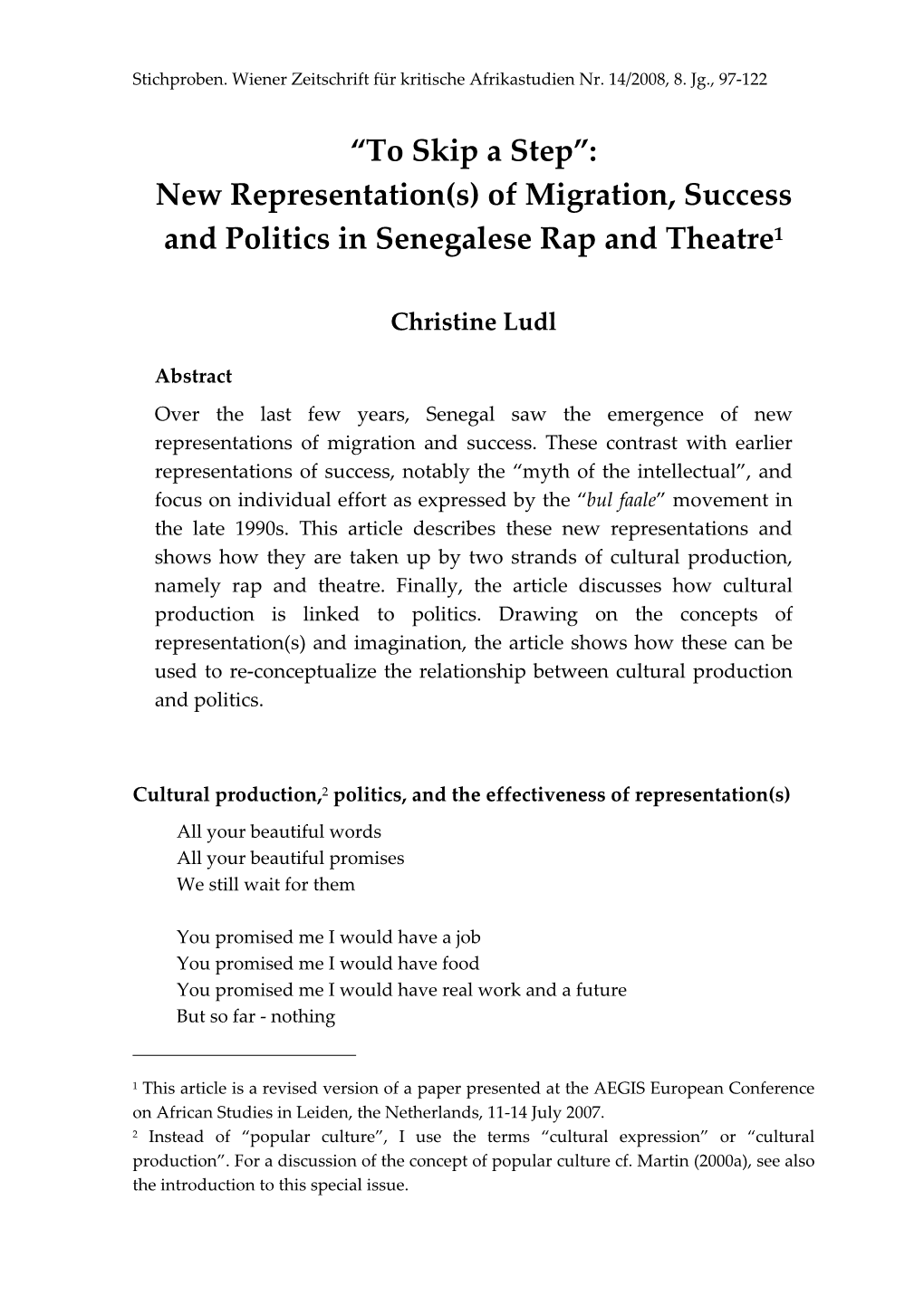 Of Migration, Success and Politics in Senegalese Rap and Theatre1