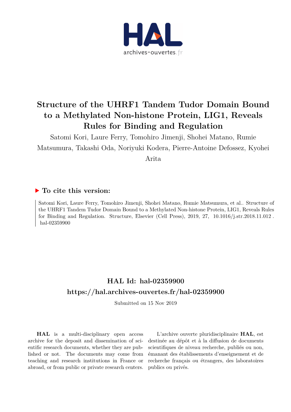 Structure of the UHRF1 Tandem Tudor Domain Bound to a Methylated