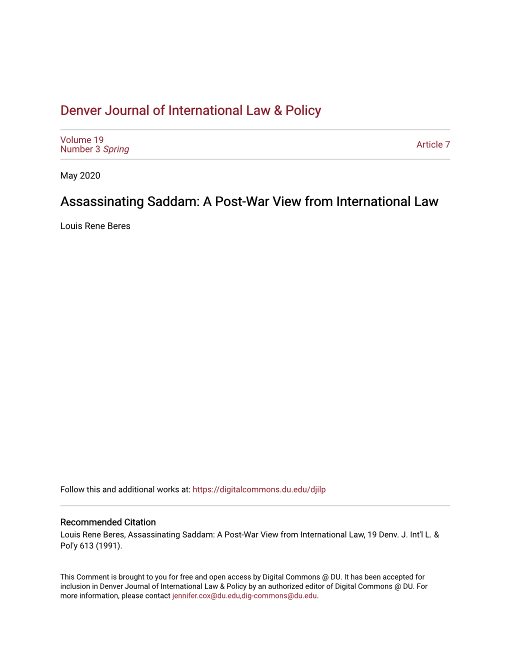 Assassinating Saddam: a Post-War View from International Law