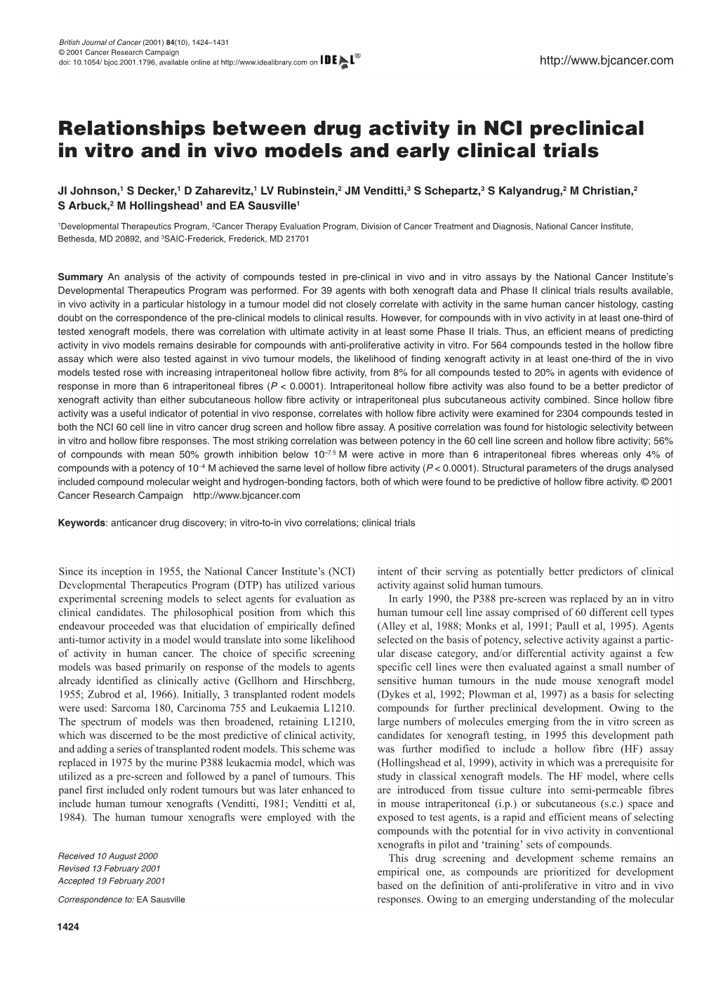 Relationships Between Drug Activity in NCI Preclinical in Vitro and in Vivo Models and Early Clinical Trials