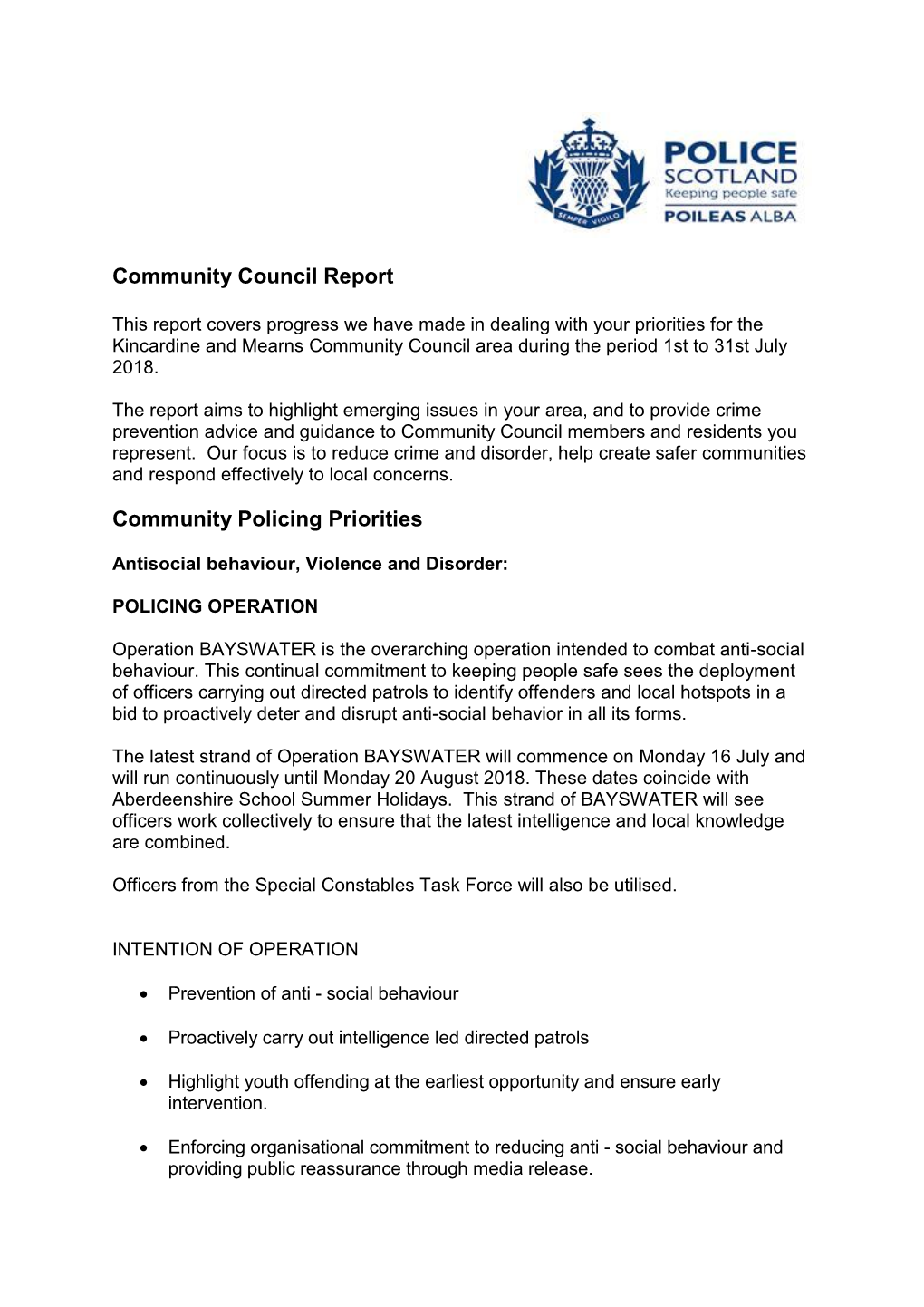 Community Council Report Community Policing Priorities